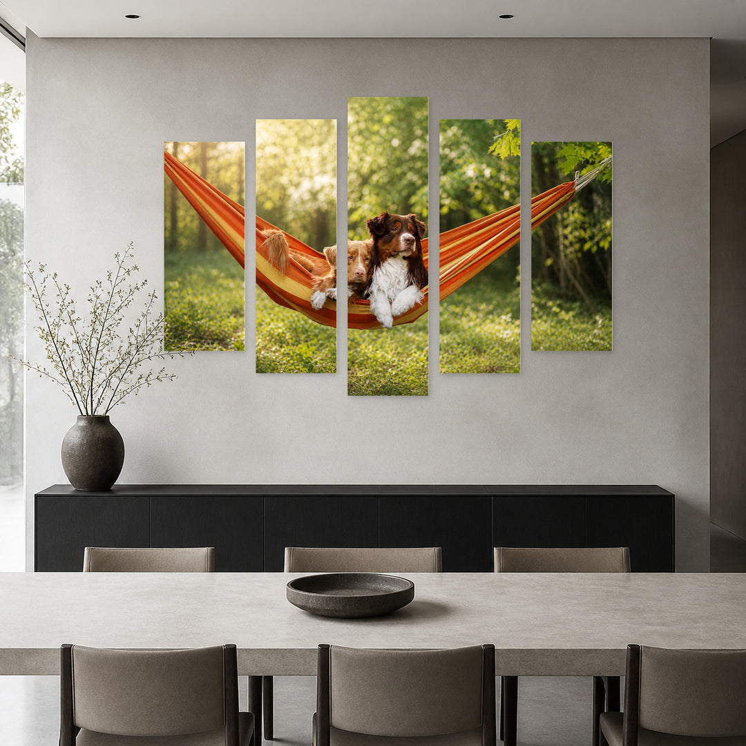Dogs Lying in a Hammock in Serene Light — five-panel wall art in frontal interior | 5wallart 52902 M3