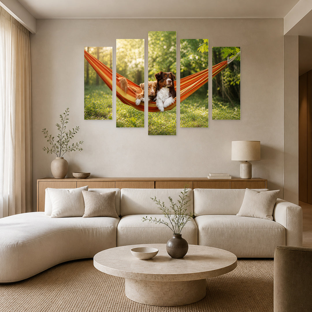 Dogs Lying in a Hammock in Serene Light — five-panel wall art in alternate frontal interior | 5wallart 52902 M4