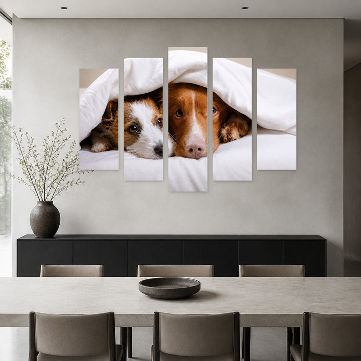 Two Dogs on a Pillow in Serene Light — five-panel wall art in frontal interior | 5wallart 52910 M3