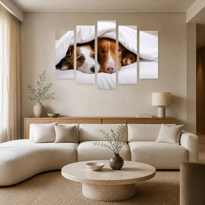 Two Dogs on a Pillow in Serene Light — five-panel wall art in alternate frontal interior | 5wallart 52910 M4