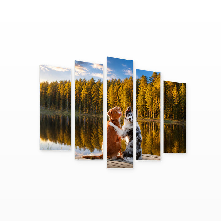 Two Dogs in Nature in Blue and Gold — five-panel wall art on white background in perspective | 5wallart 52913 M1