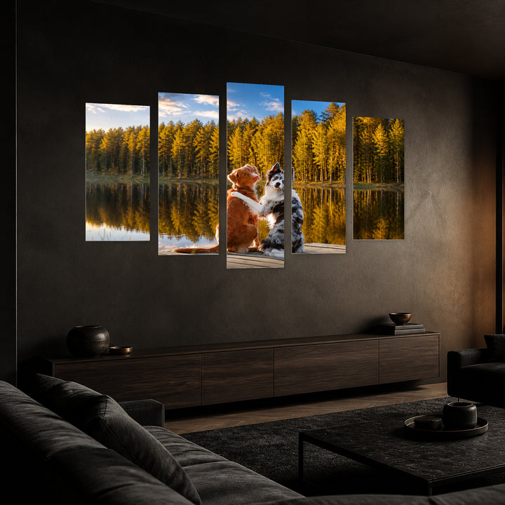 Two Dogs in Nature in Blue and Gold — five-panel wall art in perspective interior | 5wallart 52913 M2