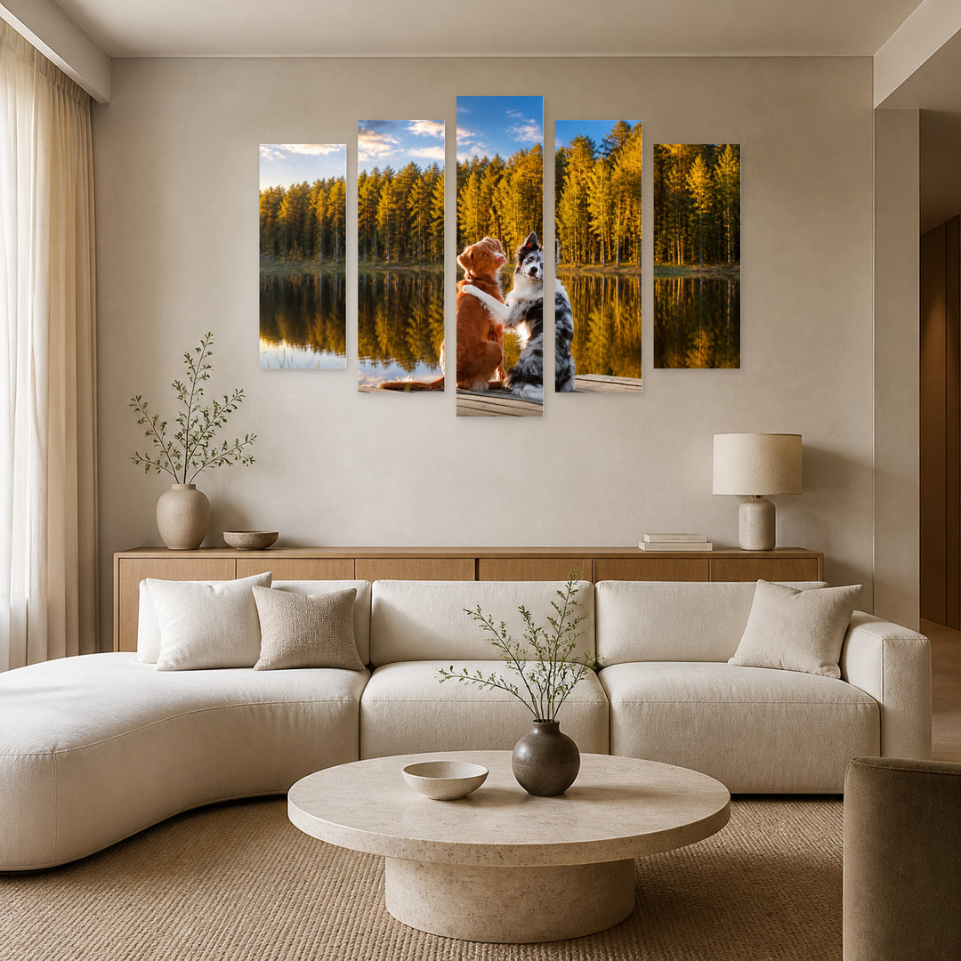 Two Dogs in Nature in Blue and Gold — five-panel wall art in frontal interior | 5wallart 52913 M3