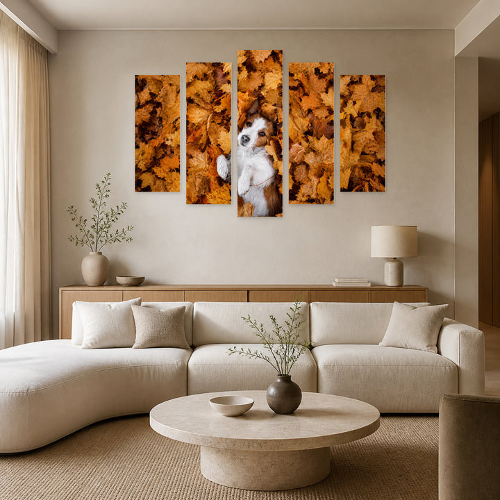 Dog in Autumn Leaves Botanical Study — five-panel wall art in frontal interior | 5wallart 52915 M3