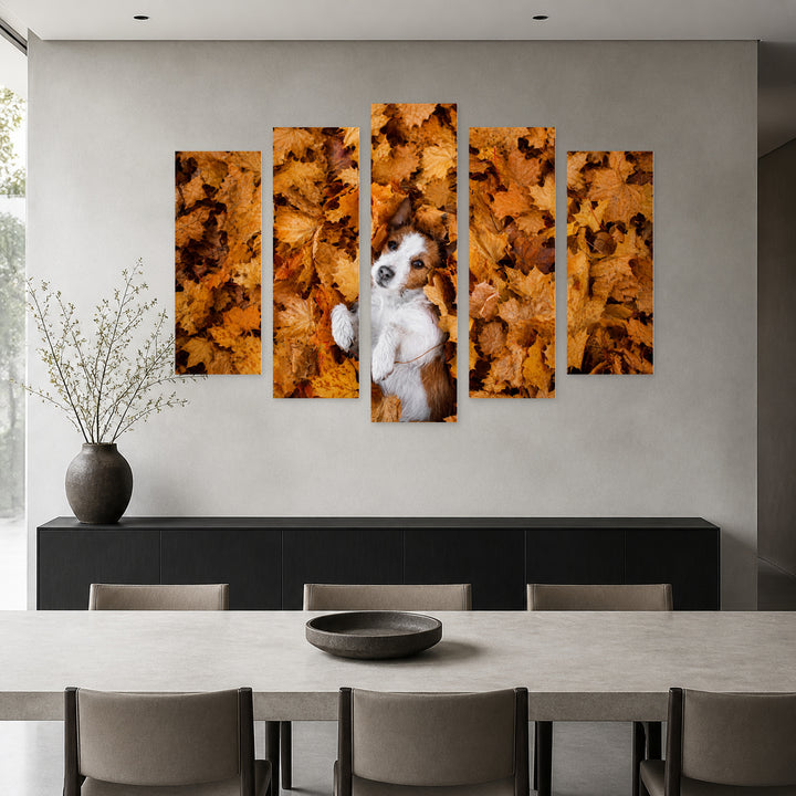 Dog in Autumn Leaves Botanical Study — five-panel wall art in alternate frontal interior | 5wallart 52915 M4