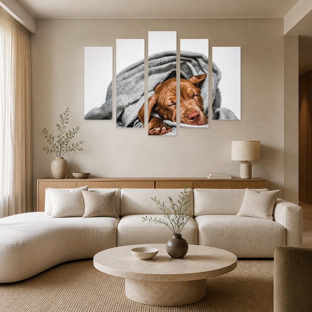 Puppy in a Scarf in Serene Light — five-panel wall art in alternate frontal interior | 5wallart 52916 M4