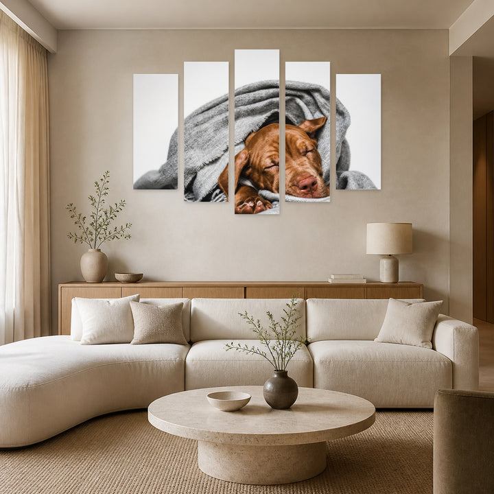 Puppy in a Scarf in Serene Light — five-panel wall art in alternate frontal interior | 5wallart 52916 M4