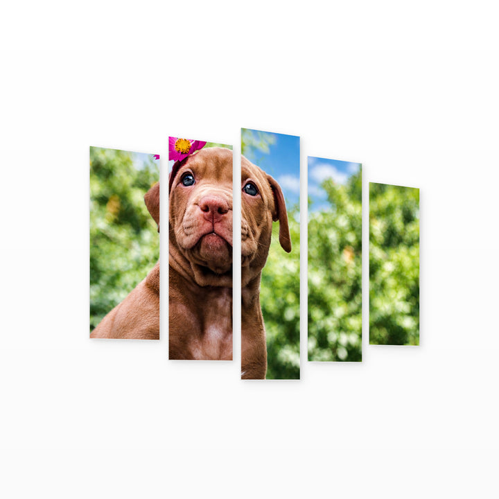 Cute Puppy with a Flower in Vivid Color — five-panel wall art on white background in perspective | 5wallart 52917 M1