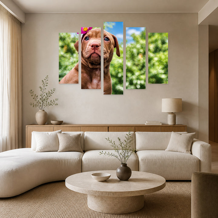 Cute Puppy with a Flower in Vivid Color — five-panel wall art in frontal interior | 5wallart 52917 M3