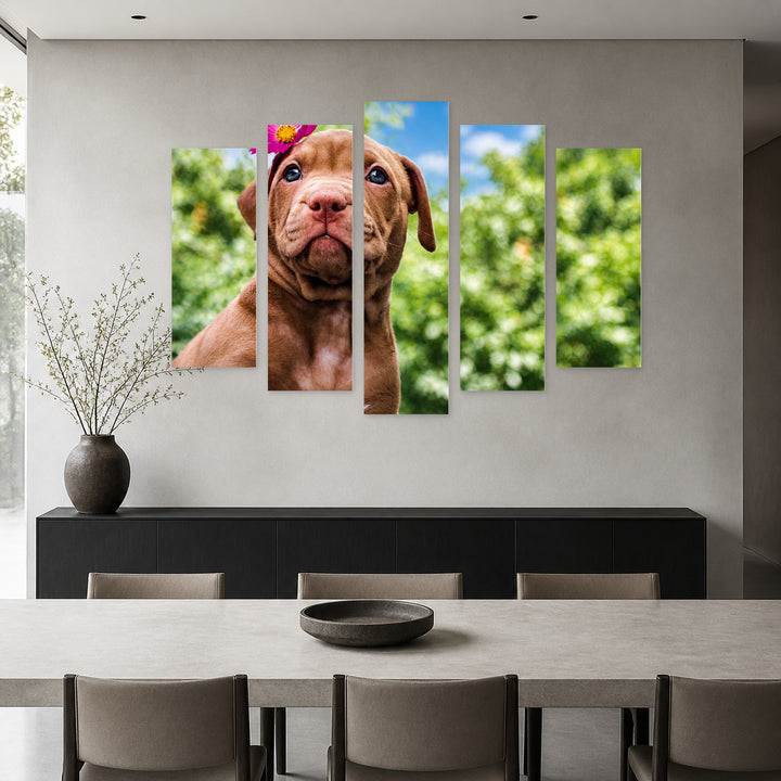Cute Puppy with a Flower in Vivid Color — five-panel wall art in alternate frontal interior | 5wallart 52917 M4