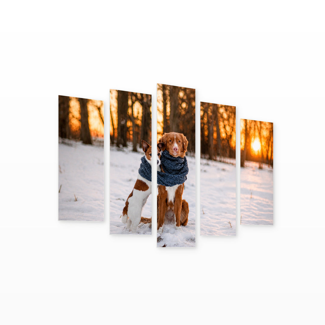 Golden Sunset over Two Dogs in Winter — five-panel wall art on white background in perspective | 5wallart 52921 M1