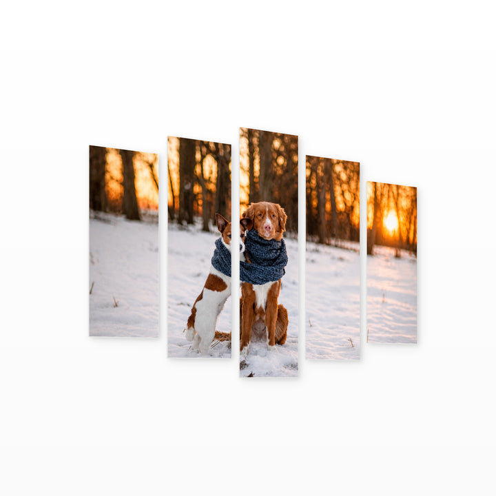 Golden Sunset over Two Dogs in Winter — five-panel wall art on white background in perspective | 5wallart 52921 M1