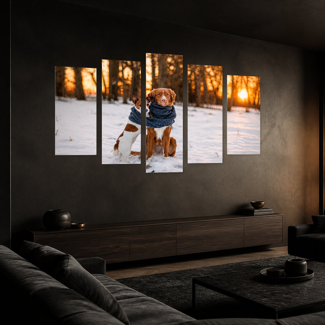 Golden Sunset over Two Dogs in Winter — five-panel wall art in perspective interior | 5wallart 52921 M2