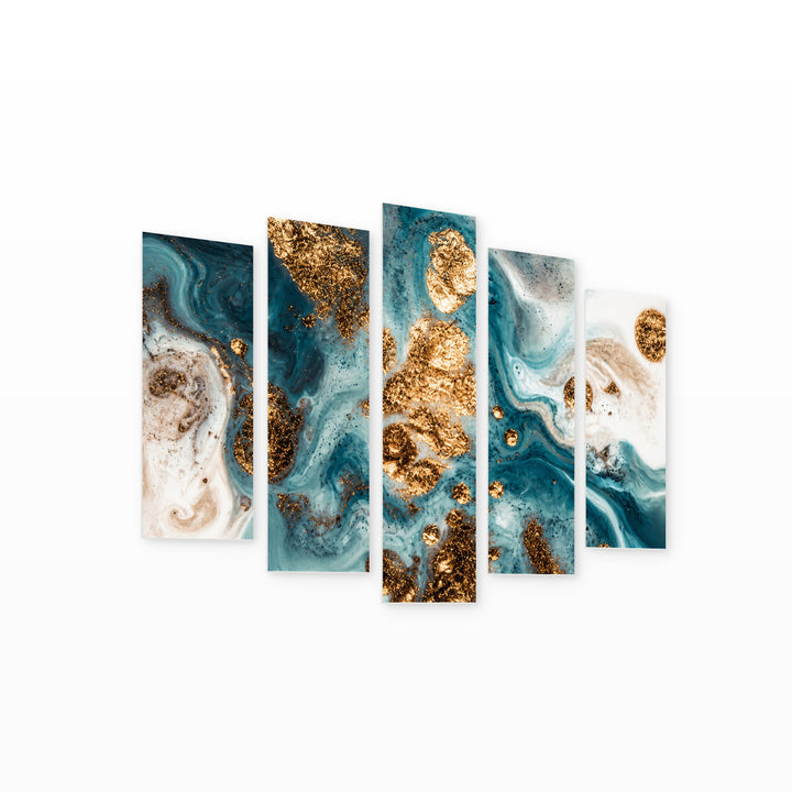 Gold and Turquoise Mixed Acrylic Paints Modern Composition — five-panel wall art on white background in perspective | 5wallart 52923 M1