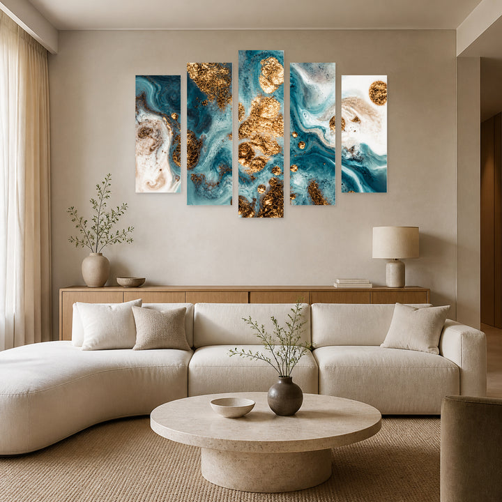 Gold and Turquoise Mixed Acrylic Paints Modern Composition — five-panel wall art in frontal interior | 5wallart 52923 M3