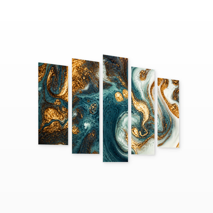 Gold and Blue Mixed Acrylic Paints Modern Composition — five-panel wall art on white background in perspective | 5wallart 52927 M1