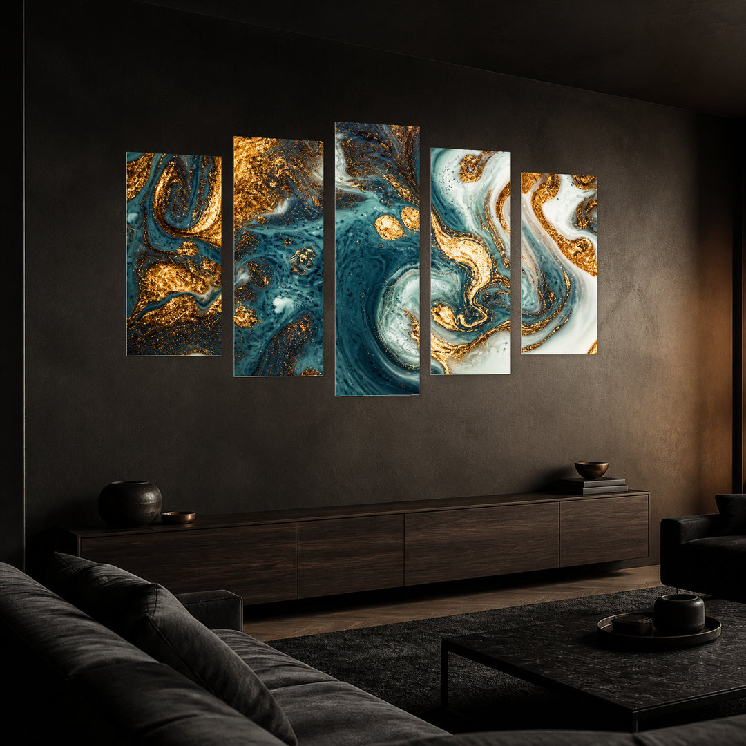 Gold and Blue Mixed Acrylic Paints Modern Composition — five-panel wall art in perspective interior | 5wallart 52927 M2