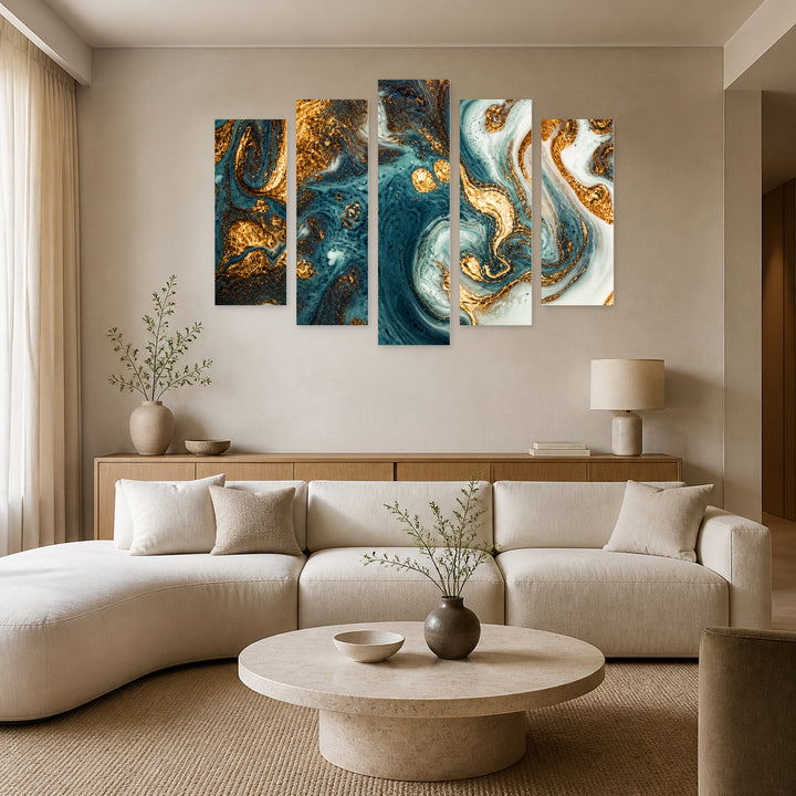 Gold and Blue Mixed Acrylic Paints Modern Composition — five-panel wall art in frontal interior | 5wallart 52927 M3
