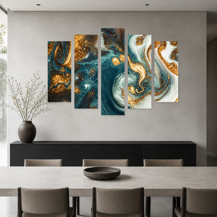 Gold and Blue Mixed Acrylic Paints Modern Composition — five-panel wall art in alternate frontal interior | 5wallart 52927 M4