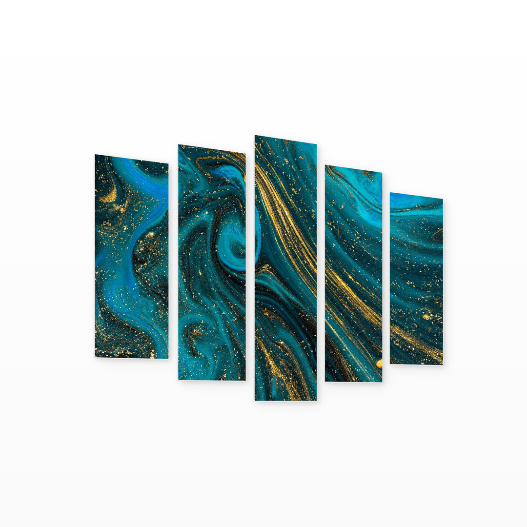 Blue Paint with Gold Glitter with Geometric Rhythm — five-panel wall art on white background in perspective | 5wallart 52935 M1