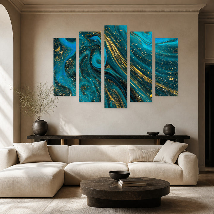 Blue Paint with Gold Glitter with Geometric Rhythm — five-panel wall art in frontal interior | 5wallart 52935 M3