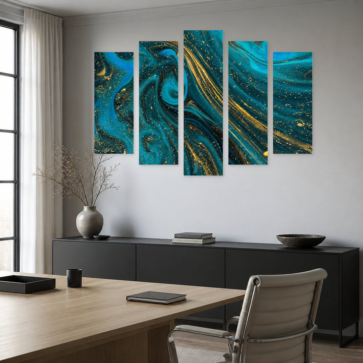 Blue Paint with Gold Glitter with Geometric Rhythm — five-panel wall art in alternate frontal interior | 5wallart 52935 M4