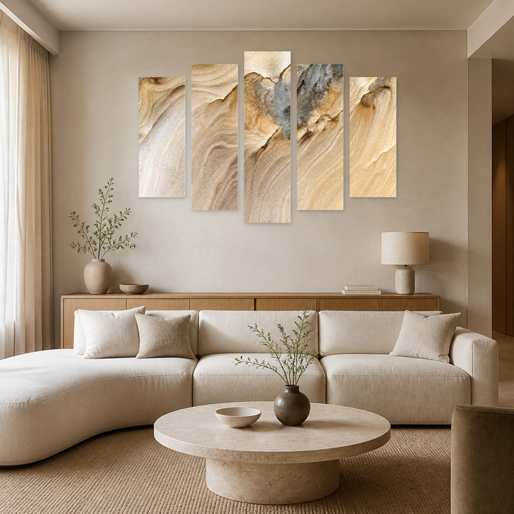 Sand Marble Texture in Serene Light — five-panel wall art in alternate frontal interior | 5wallart 52944 M4