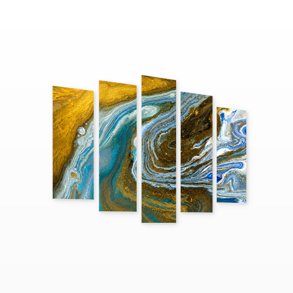 Golden Marble Texture with Dreamlike Atmosphere — five-panel wall art on white background in perspective | 5wallart 52953 M1