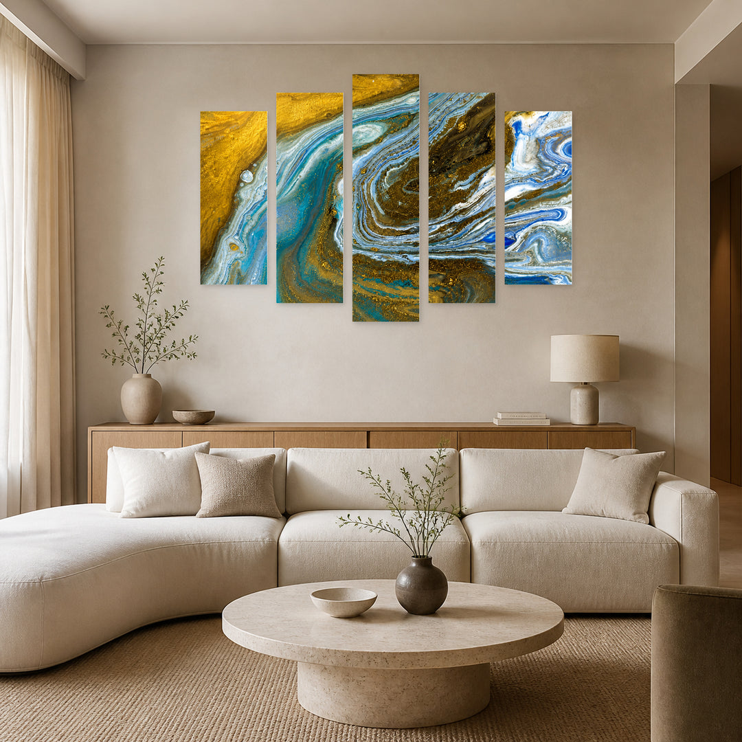 Golden Marble Texture with Dreamlike Atmosphere — five-panel wall art in frontal interior | 5wallart 52953 M3