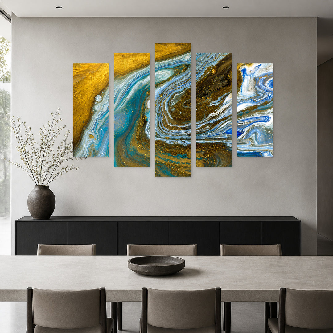 Golden Marble Texture with Dreamlike Atmosphere — five-panel wall art in alternate frontal interior | 5wallart 52953 M4