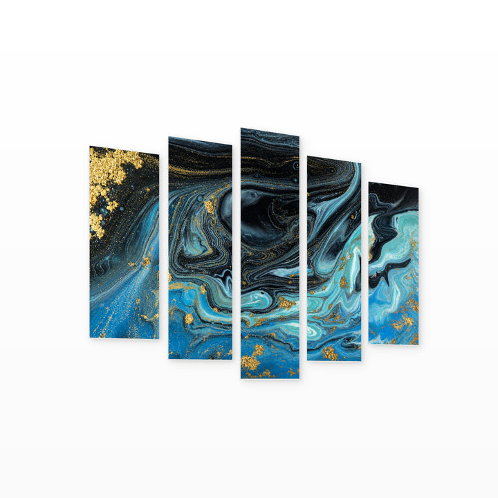 Blue and Black Marble Texture with Geometric Rhythm — five-panel wall art on white background in perspective | 5wallart 52956 M1
