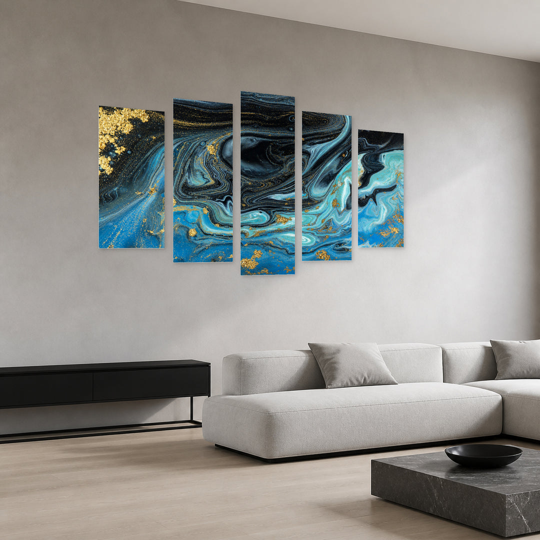 Blue and Black Marble Texture with Geometric Rhythm — five-panel wall art in perspective interior | 5wallart 52956 M2