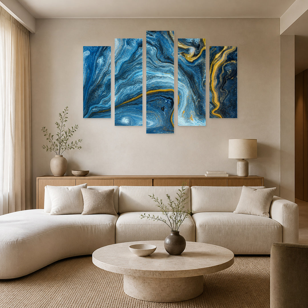 Blue Marble Texture in Serene Light — five-panel wall art in frontal interior | 5wallart 52965 M3