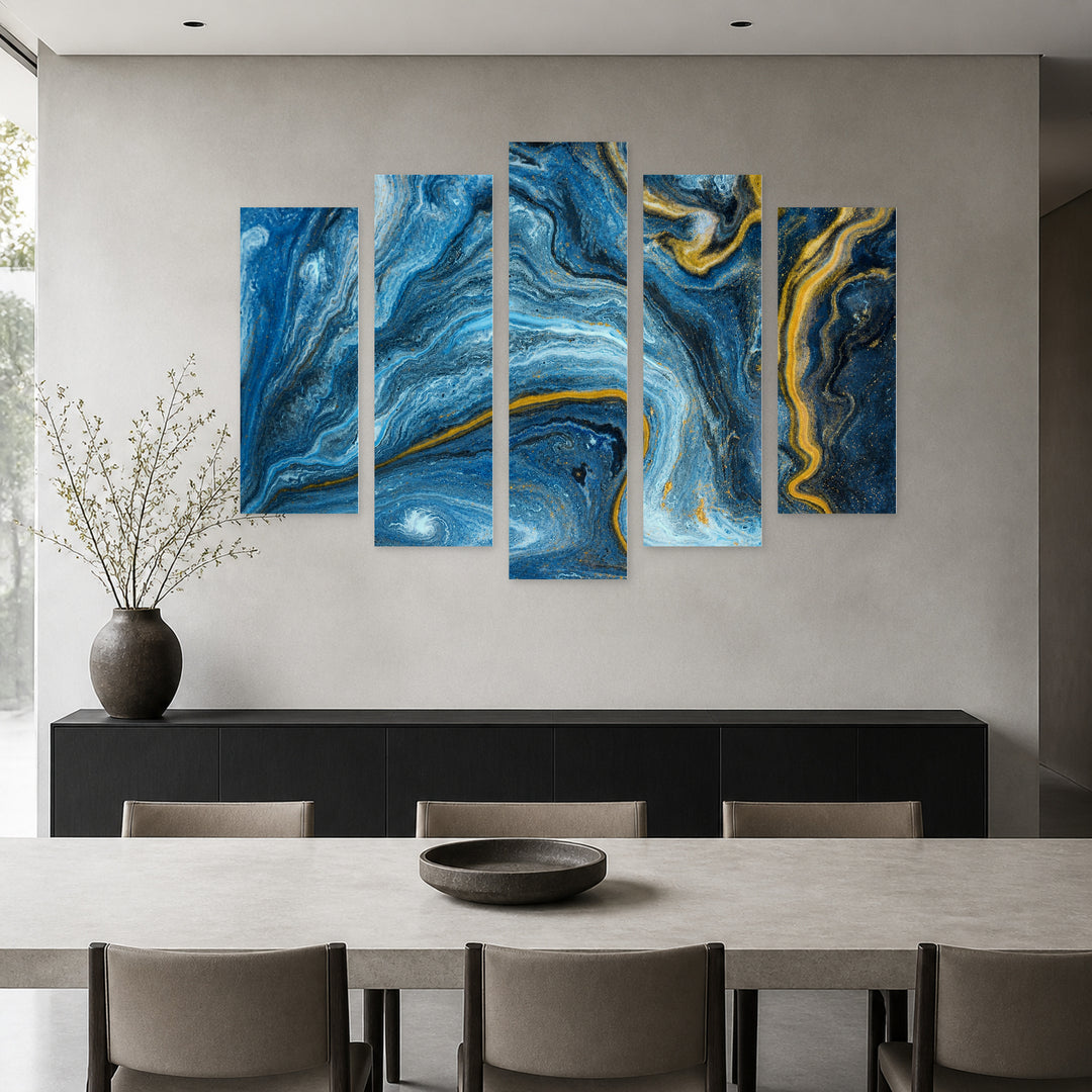 Blue Marble Texture in Serene Light — five-panel wall art in alternate frontal interior | 5wallart 52965 M4