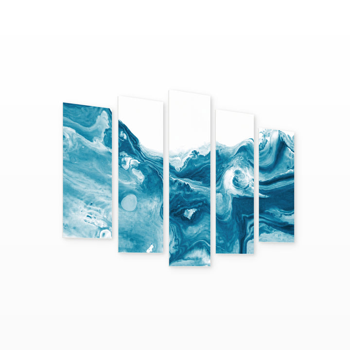 Blue Acrylic Paint with Geometric Rhythm — five-panel wall art on white background in perspective | 5wallart 52966 M1