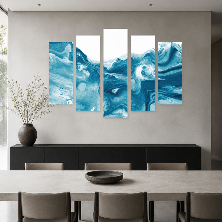 Blue Acrylic Paint with Geometric Rhythm — five-panel wall art in frontal interior | 5wallart 52966 M3