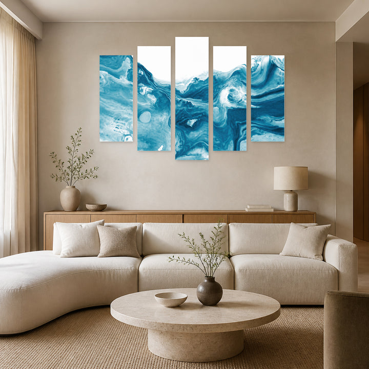 Blue Acrylic Paint with Geometric Rhythm — five-panel wall art in alternate frontal interior | 5wallart 52966 M4