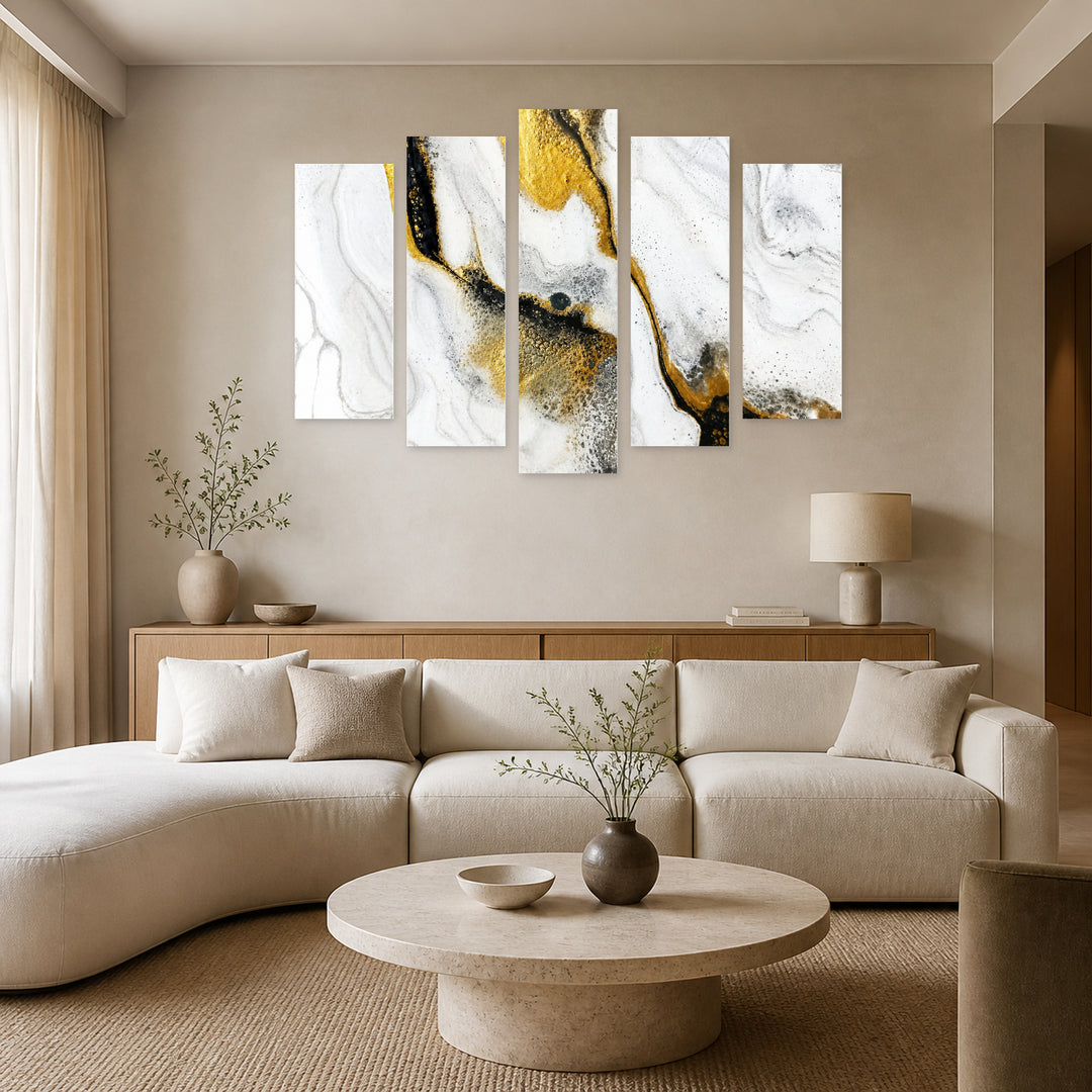 White Marble Texture in Serene Light — five-panel wall art in alternate frontal interior | 5wallart 52968 M4