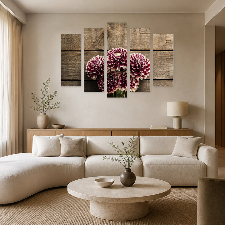 Burgundy Dahlias on Rustic Wood — five-panel wall art in alternate frontal interior | 5wallart 52970 M4
