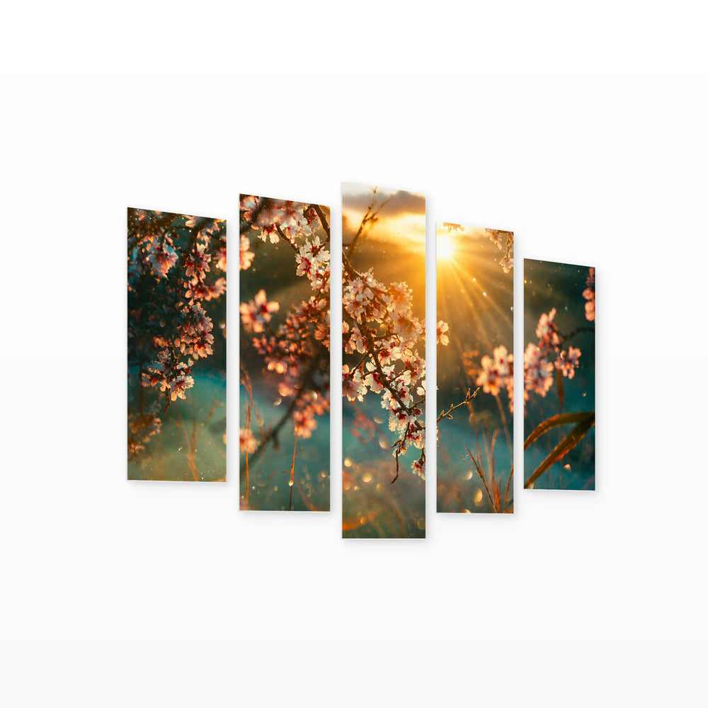 Golden Blooming Tree and Sunset — five-panel wall art on white background in perspective | 5wallart 52972 M1