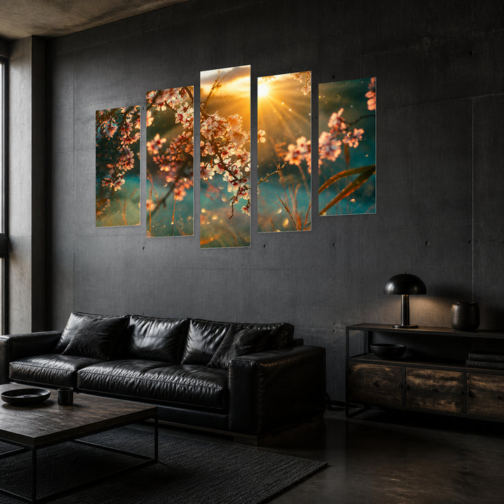 Golden Blooming Tree and Sunset — five-panel wall art in perspective interior | 5wallart 52972 M2