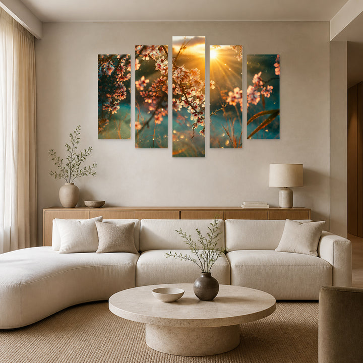 Golden Blooming Tree and Sunset — five-panel wall art in alternate frontal interior | 5wallart 52972 M4