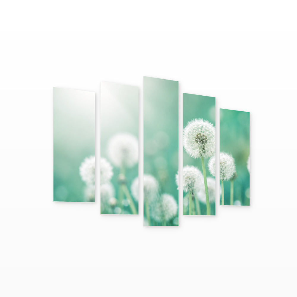 Dandelion Wishes in Mint Green — five-panel wall art on white background in perspective | 5wallart 52973 M1