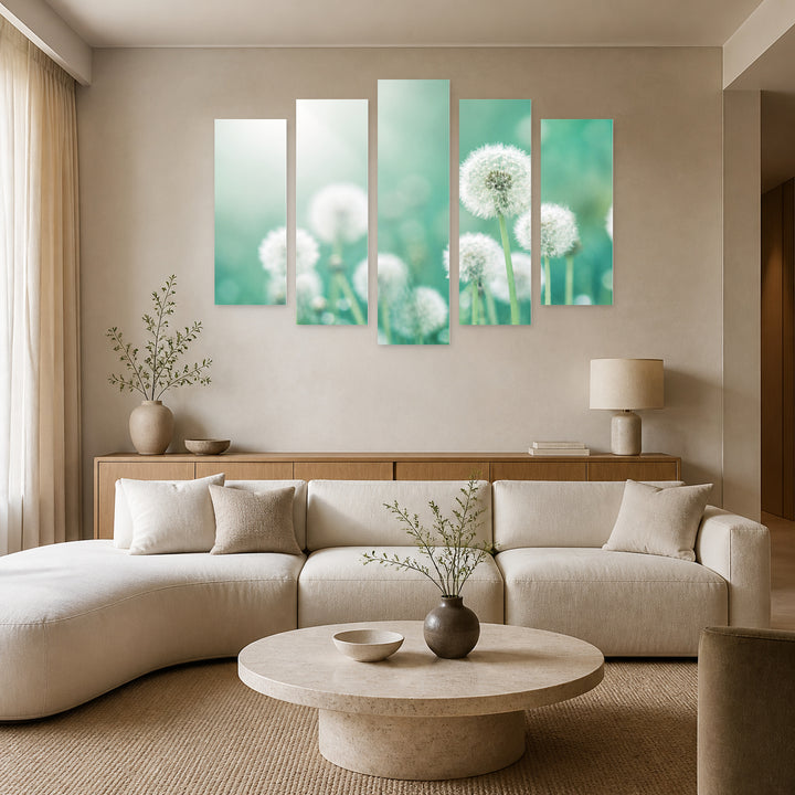 Dandelion Wishes in Mint Green — five-panel wall art in frontal interior | 5wallart 52973 M3
