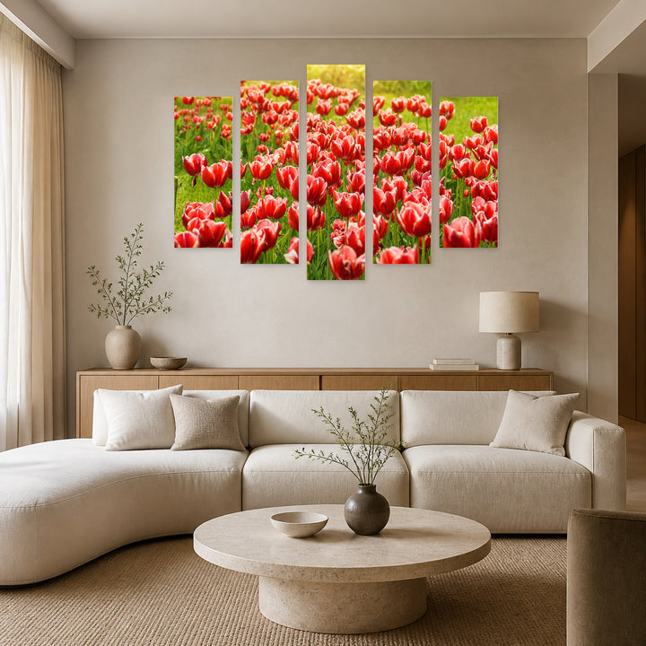 Meadow with Red Tulips in Serene Light — five-panel wall art in frontal interior | 5wallart 52985 M3