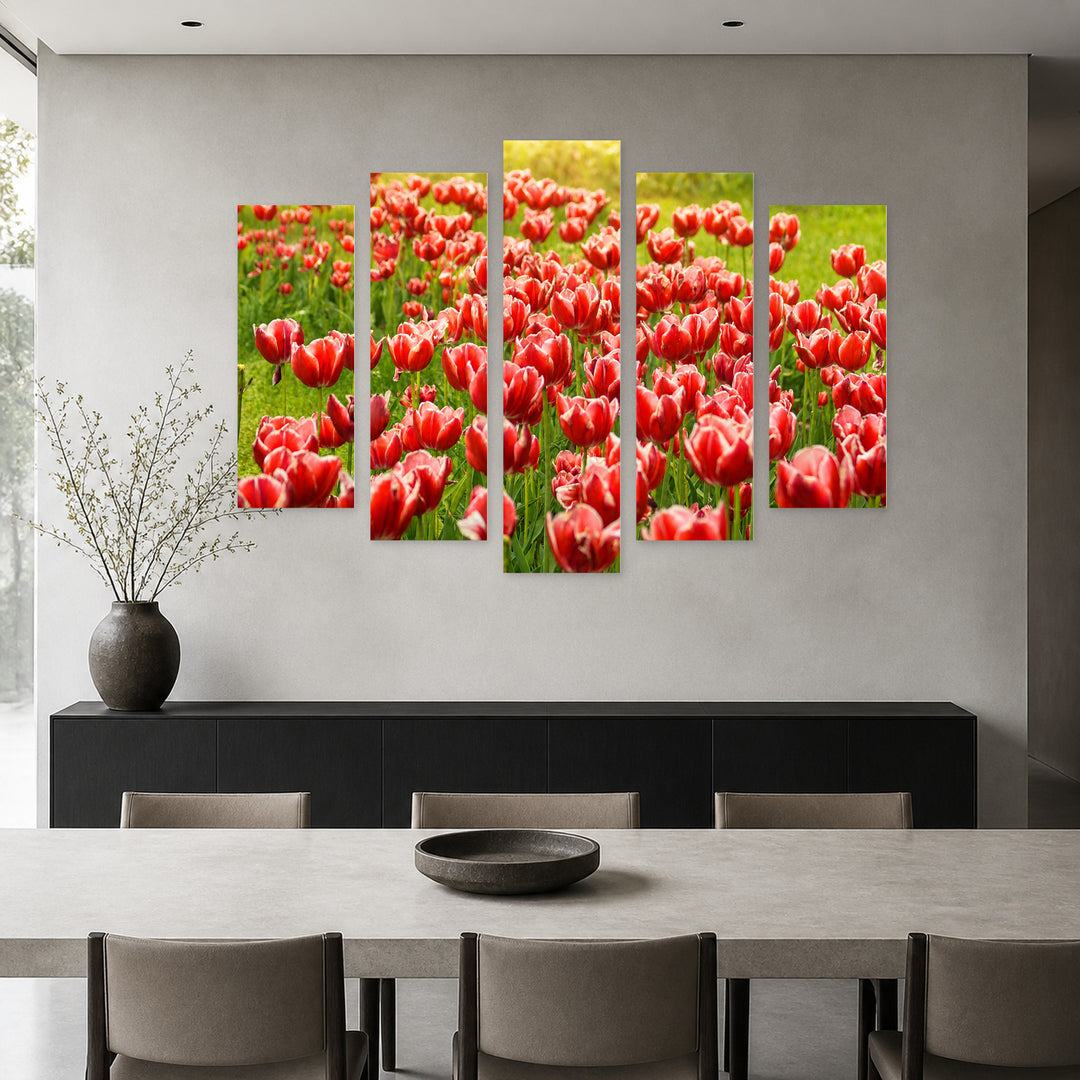 Meadow with Red Tulips in Serene Light — five-panel wall art in alternate frontal interior | 5wallart 52985 M4
