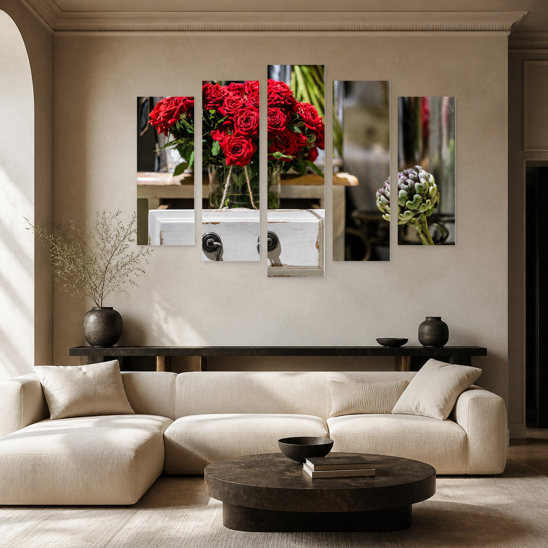 Bouquet of Red Roses with Dramatic Contrast — five-panel wall art in alternate frontal interior | 5wallart 52990 M4