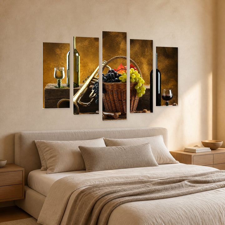 Wine and a Bunch of Grapes Still Life — five-panel wall art in perspective interior | 5wallart 53001 M2
