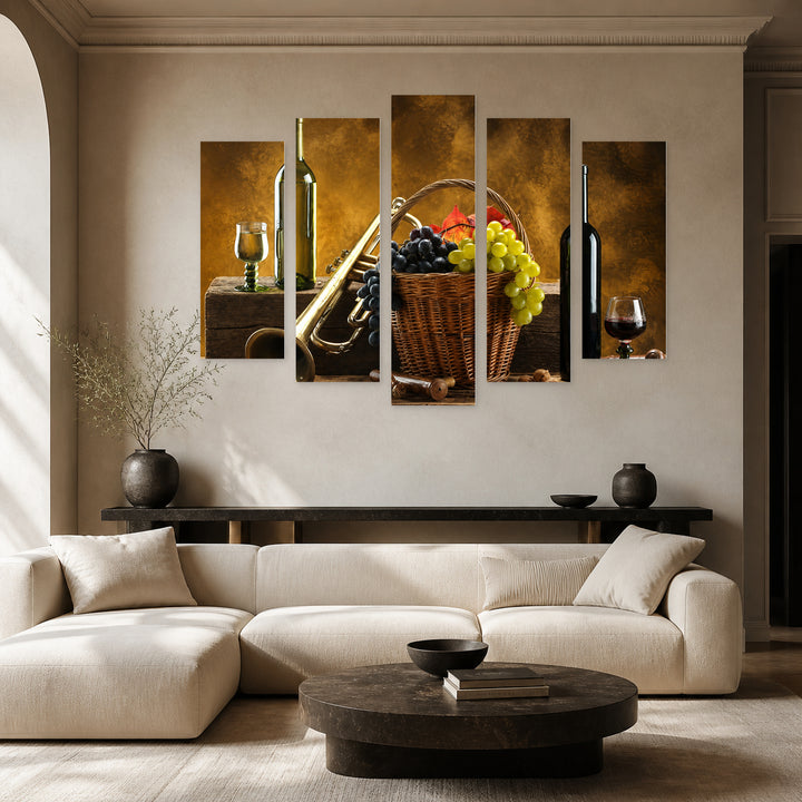 Wine and a Bunch of Grapes Still Life — five-panel wall art in frontal interior | 5wallart 53001 M3