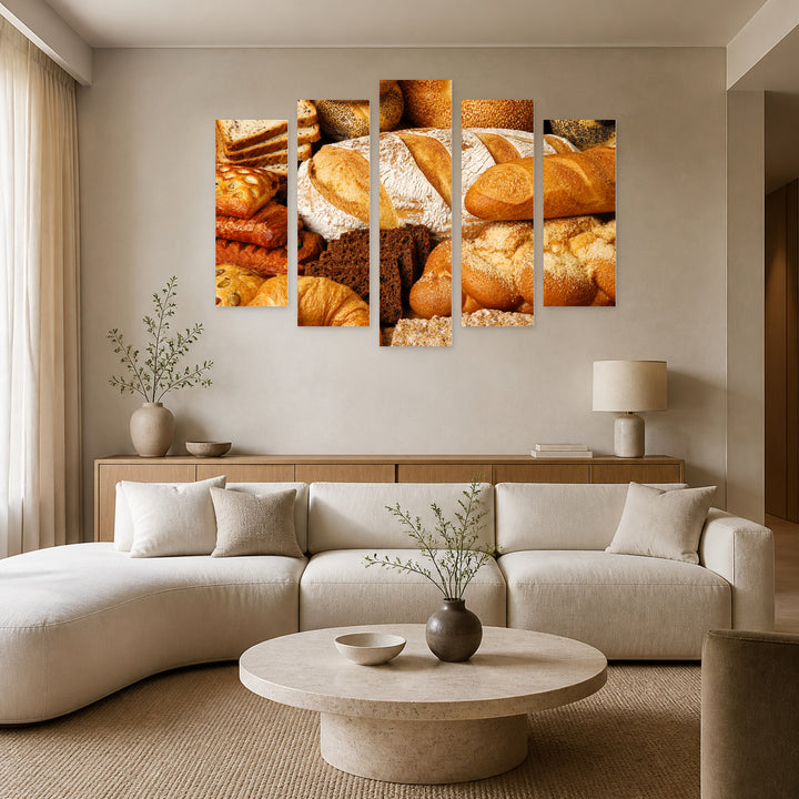 Bread and Pastries Still Life — five-panel wall art in alternate frontal interior | 5wallart 53004 M4